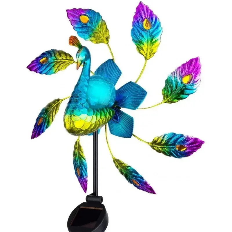 Solar Powered 3D Peacock Hummingbird Wind Spinner Light Iron Pinwheel Lamp Outdoor Garden Holiday party Decor Ornaments