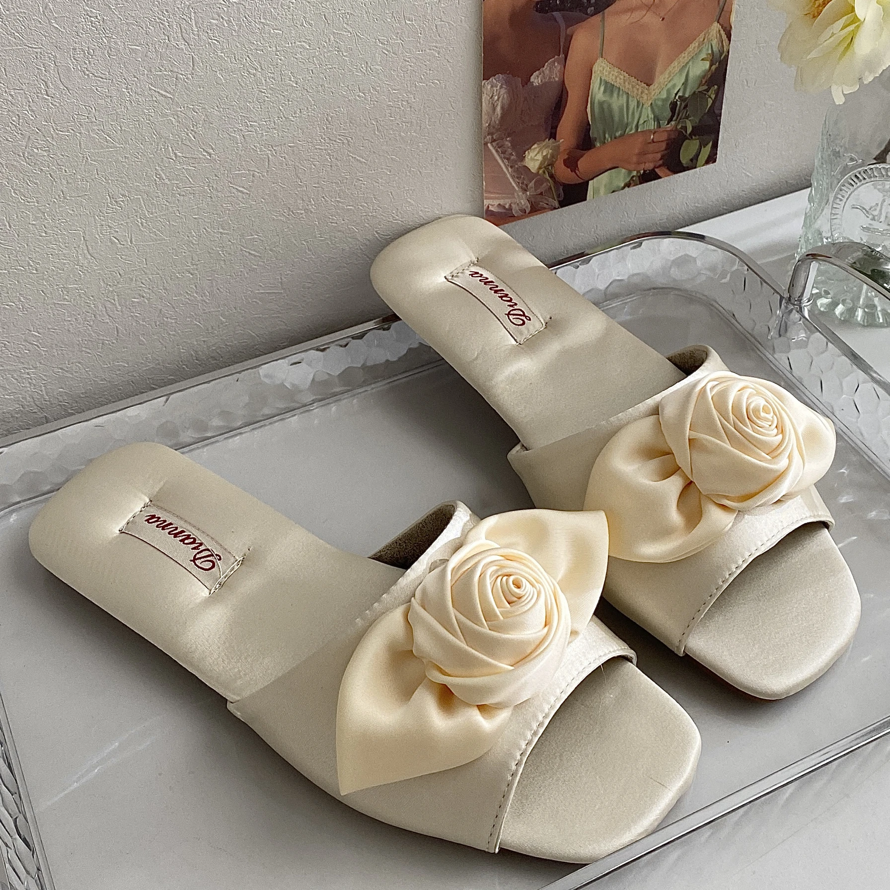 H-Home Rose Indoor Summer Slip-On Slippers Women's Retro Satin Fabric Anti-Slip Slipper Korean Style Polyester Fiber