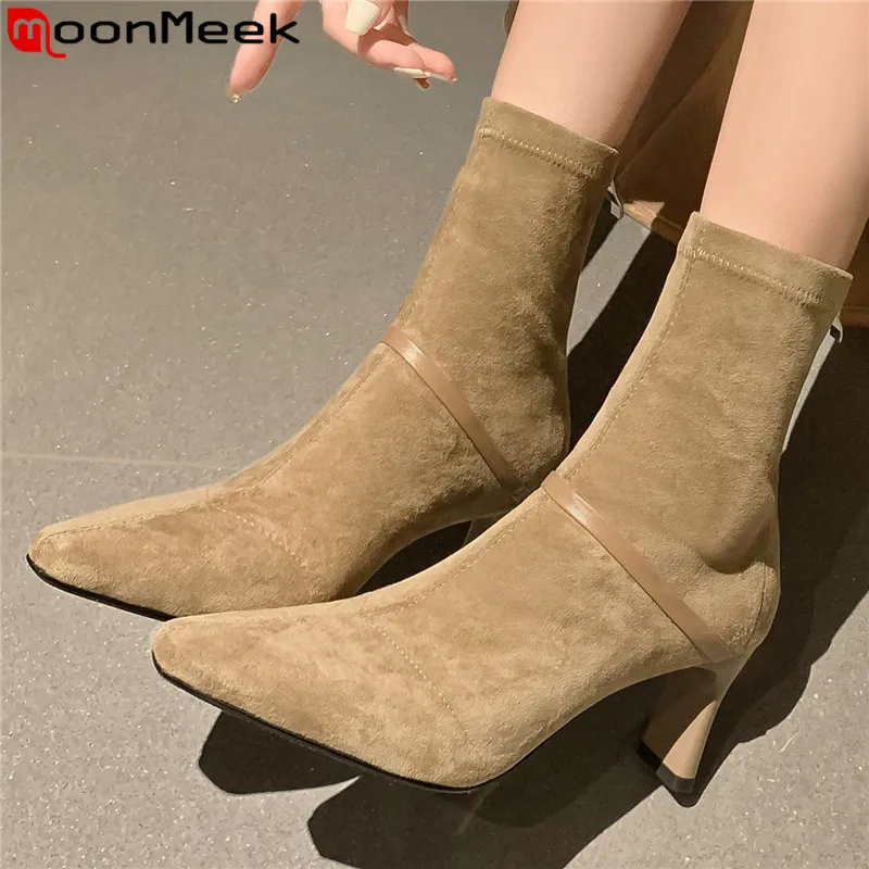 

MoonMeek 2023 New Sexy Flock Zipper Winter Boots Thick High Heels Women Shoes Office Ladies Square Toe Ankle Boots