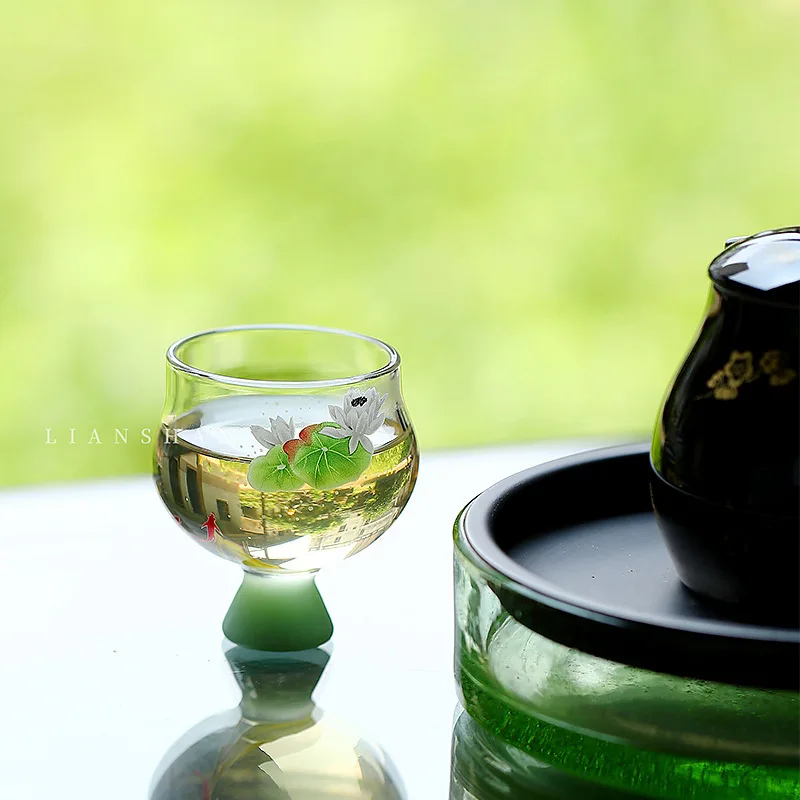 Fish Playing Lotus Tall Teacup Master Cup Handmade Applique Heat-resistant Glass Tea Cup Single Wine Cup