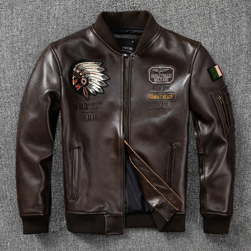 New Spring Autumn oil wax Top Layer Cowhide baseball Jacket Men corium Flight Jacket Indian Embroidery Short corium Coat