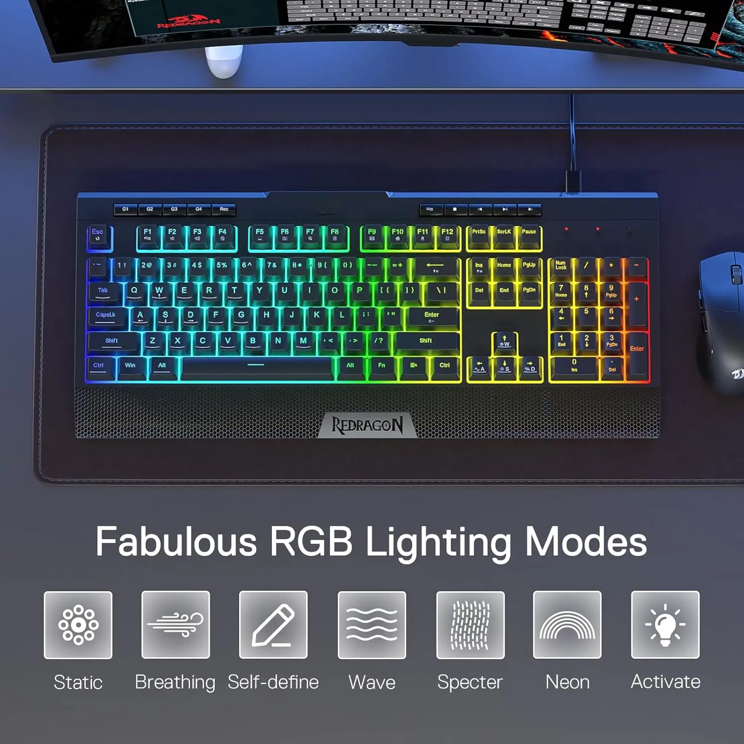 Redragon K525 RVB rétroéclairé 104 touches clavier de jeu à membrane filaire avec 5 touches multimédia et 4 touches macro supplémentaires embarquées