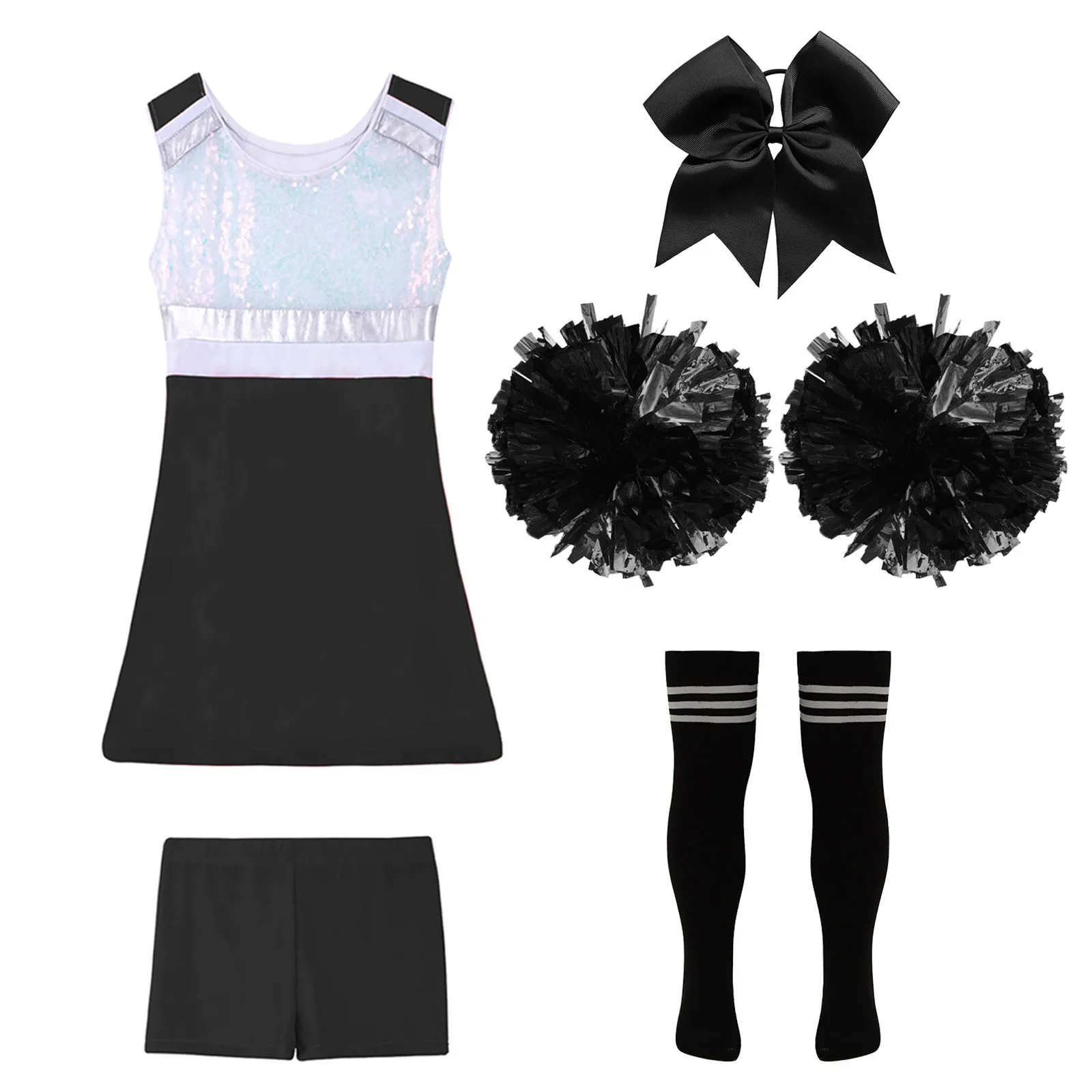 Kids Girls Cheerleader Costume Sequins Hip Hop Jazz Dance Performance Outfit Halloween Cheerleading Sports Uniform Dress Up