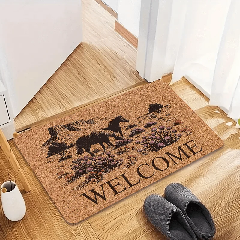 Western Horse & Wildflower Welcome Flannel Door Mat, Rustic Nature Design Anti-Slip Absorbent Rug for Entryway & Porch,