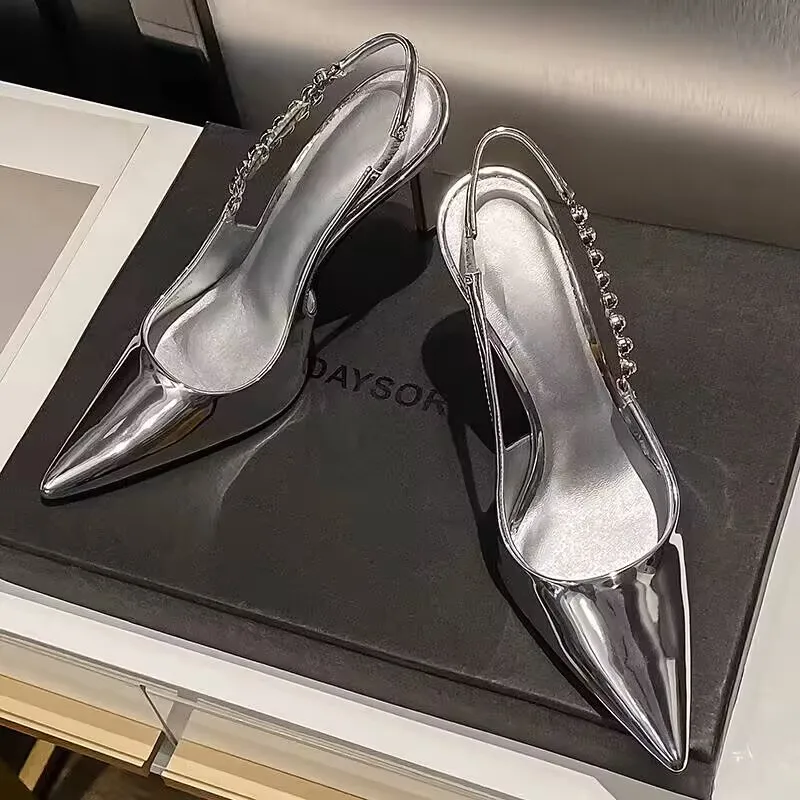 Shiny High Heels Slingback Women Pumps Metallic Crystal Sandals Pointy Toe Stiletto Heeled Shoes Silver Party Dress Shoes Woman