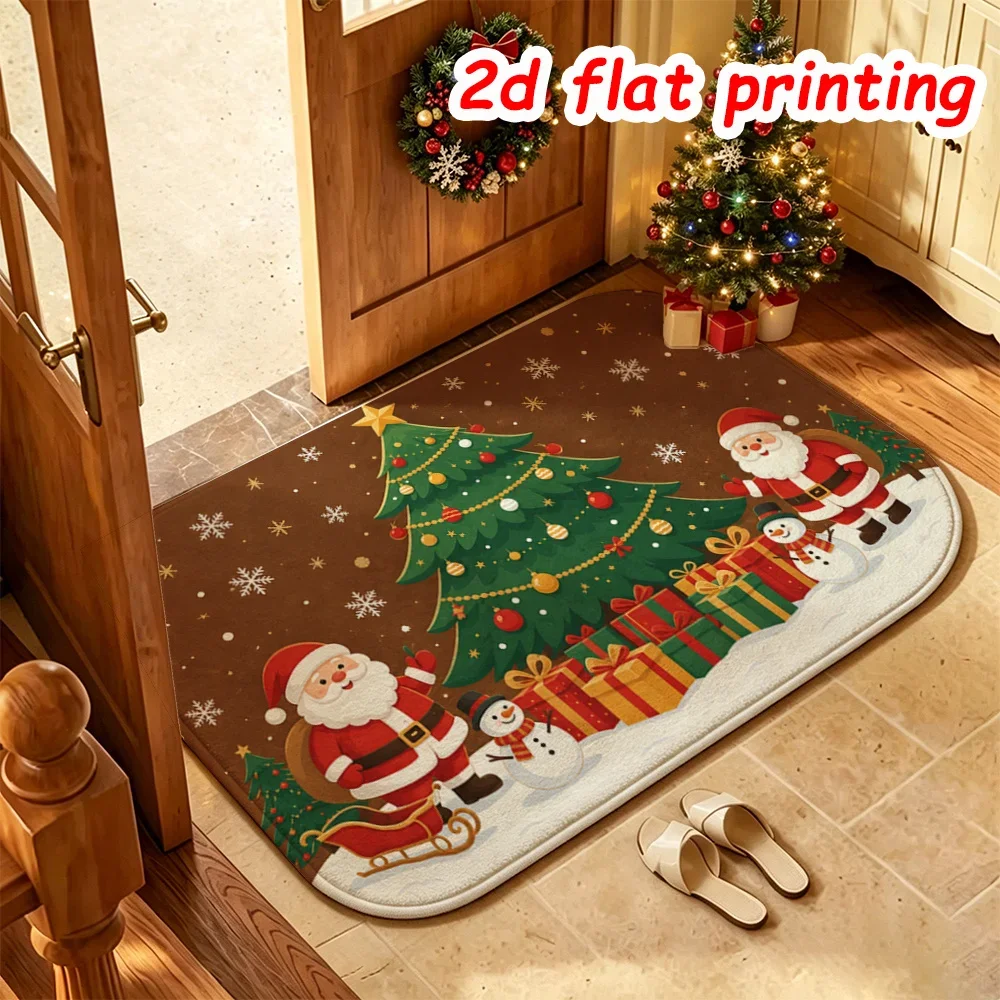Brown Christmas Doormat Two Santa Claus Snowman Area Rug Festive Tree Large Gift Box Floor Mat Holiday Winter Welcome Rug