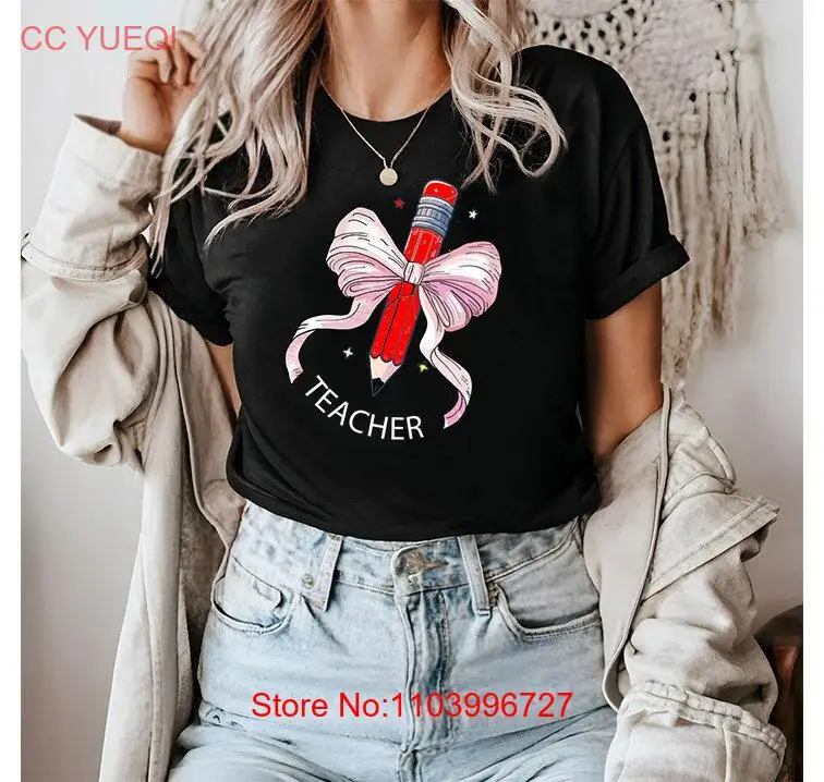 

Pencil Coquette Bow Teacher T Shirt s Cute Preppy long or short sleeves