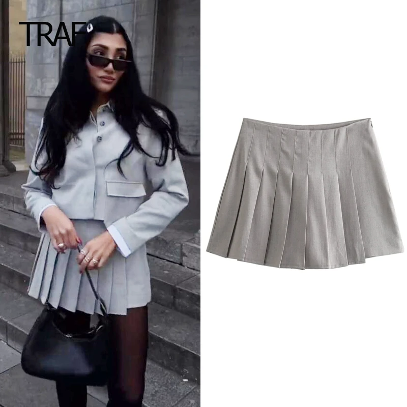 

TRAF Women's Shorts Summer Mini Pleated Culotte Grey Women High Waist Short Skirt Korean Style Culotte Chic Elegant Lady Culotte