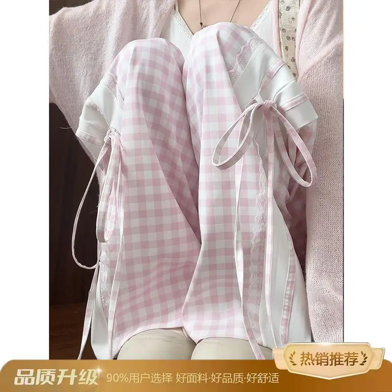 

Japan Pink Lace Plaid Pants Women'S Spring And Autumn 2026 New Loose High Waist Slim Small Casual Straight Leg Wide Leg Pants