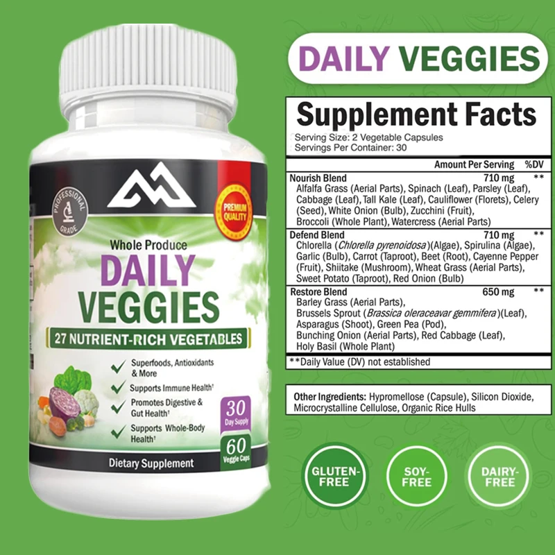 

Male and Female Daily Vegetable Vegetarian Capsules -47 Whole Foods Vegetables - Multiple Natural Balanced Vitamins and Minerals