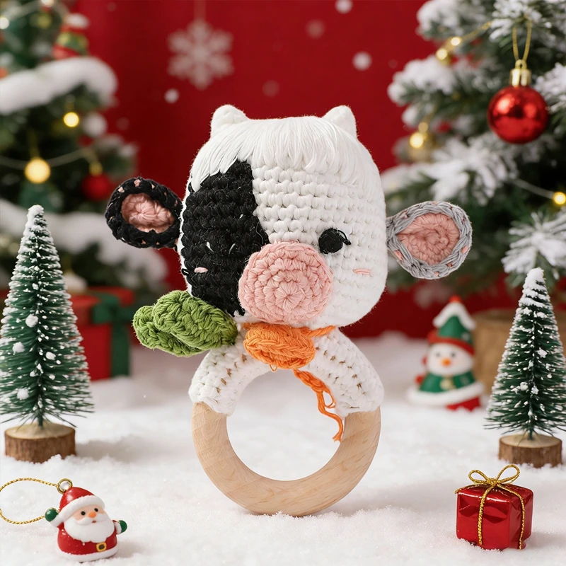 Baby Toys Shower Gift Rattle Wooden Ring Teether Handmade Crochet Sheep Soft Plush Sensory for Newborn Infant Early Development