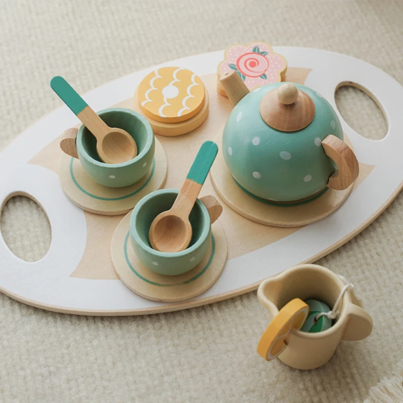 Wooden Afternoon Tea Set Toy Pretend Play Food Learning Role Play Game Early Educational Toys for Toddlers Girls Boys Kids Gifts