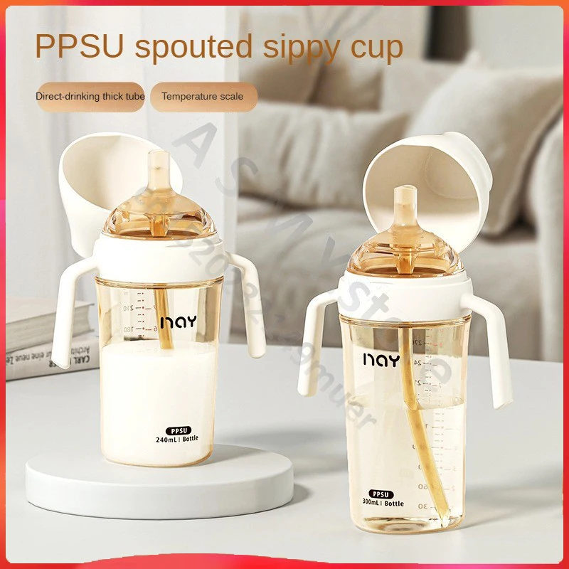 240ml 300ml PPSU Anti-Colic Baby Sippy Cup, 3-Position Flip Lid Temperature-Scale Feeding Bottle for Kids