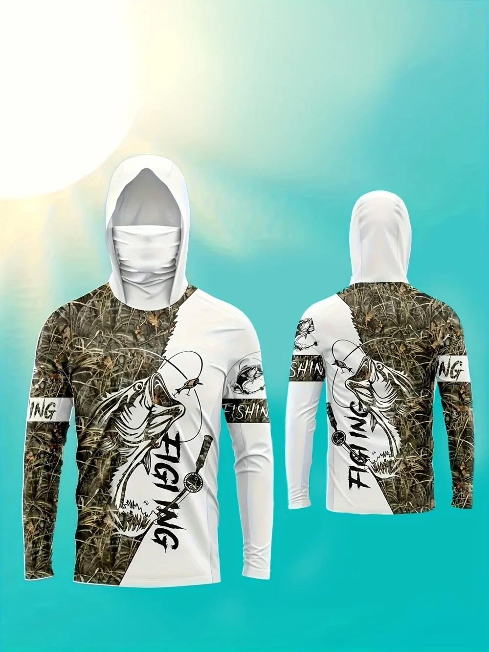 American Men's Summer Striped Letter Print Comfortable Breathable Hooded Fishing Suit Long Sleeved T-Shirt Outdoor Casual Top image 2