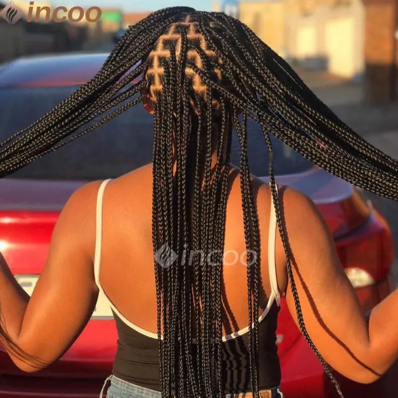 Laço completo trançado perucas, tranças sintéticas da caixa, perucas dianteiras do laço, sem nós, preto, cabelo quadrado pequeno, africano, 36"