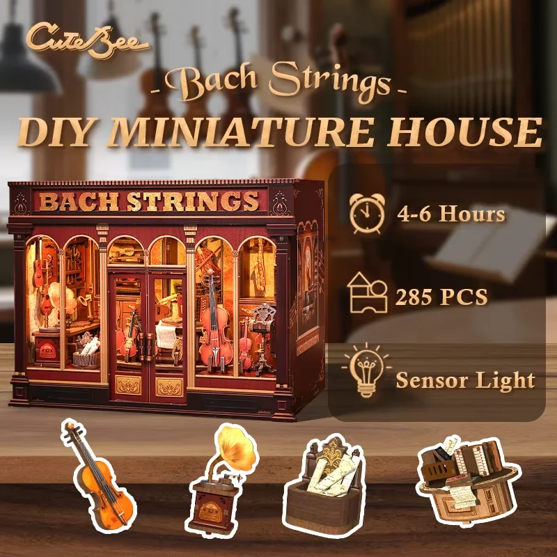 

CUTEBEE Book Nook Kit DIY Кукольный домик со светодиодной подсветкой Книжная полка Вставка Bach Srtings Миниатюрная модель для дня рождения Семейный подарок