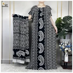 2023 New Dubai Fashion Woman Short Sleeve Dress With Big Scarf African Dashiki Printing Cotton Loose Lady Summer Casual Clothing