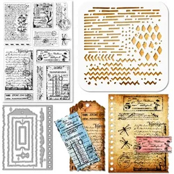 Retro Text Background Silicone Clear Stamps Metal Vintage Postage Stamp Ticket Frame Cutting Die Cuts PET Paint Craft Stencils