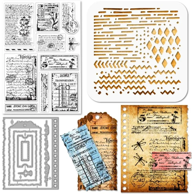Retro Text Background Silicone Clear Stamps Metal Vintage Postage Stamp Ticket Frame Cutting Die Cuts PET Paint Craft Stencils