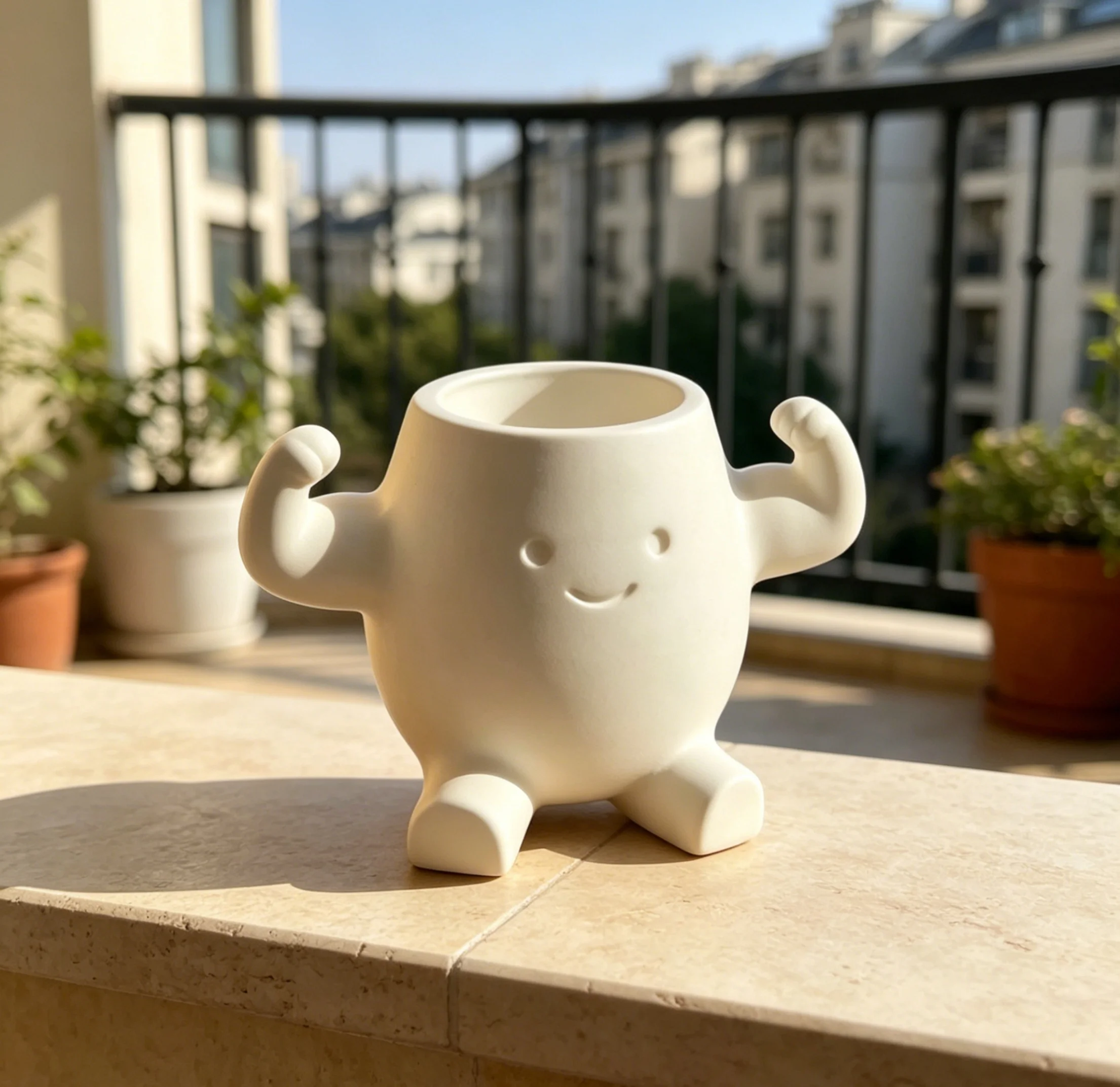 Happy Muscle-Building Character Pot, Fun Addition to Indoor Garden or Creative Workspace