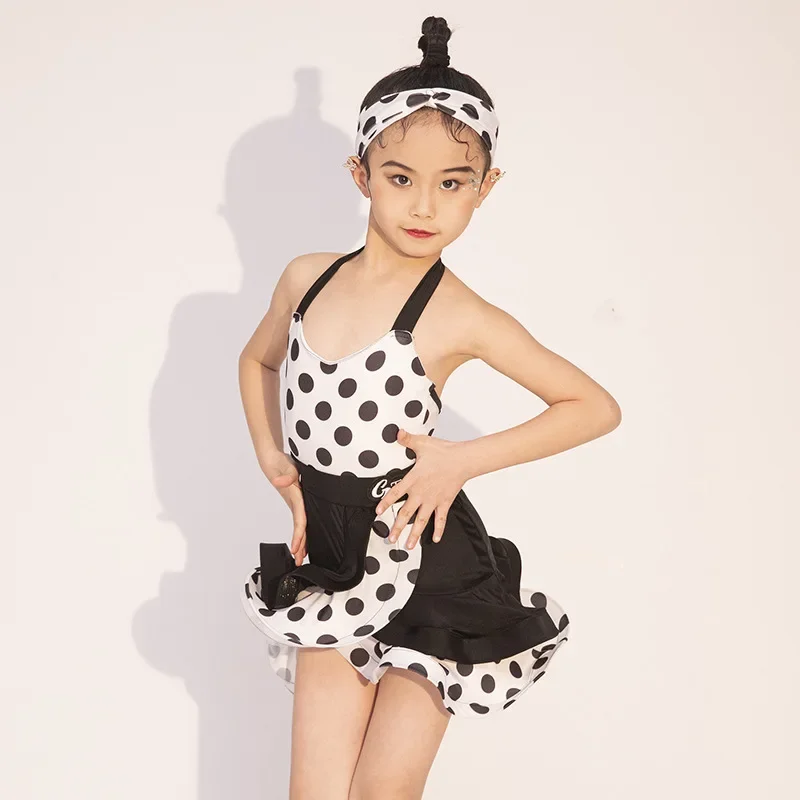 女の子子供サンバサルサチャチャルンバタンゴ服子供競技社交ドレス水玉ラテンアメリカダンスドレス