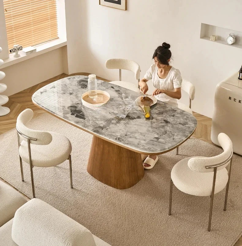 JJNordic Solid Wood Marble Dining Tables And Chairs Set Modern Minimalist Rectangular Oval Dining Table