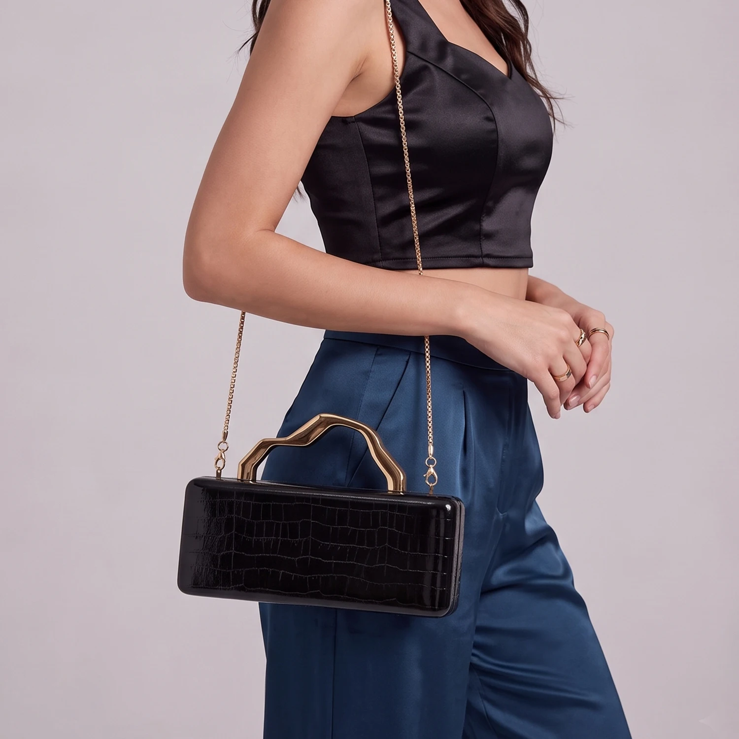 Luxuriöse Abendclutch mit Krokodilprägung in Gold, Damenmode, Party-/Hochzeitstasche, Umhängetasche mit Kette, lange Damenbrieftasche. – Detail 17
