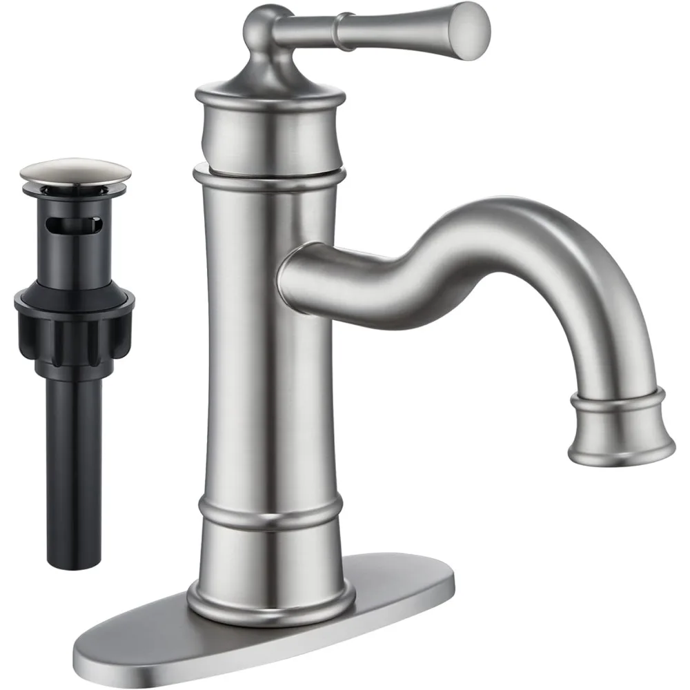 

Brushed Nickel Solid Brass Faucet, 1/3-Hole Single-Handle Long Arc Vanity Mixer with Deck Plate & Pop-Up Drain