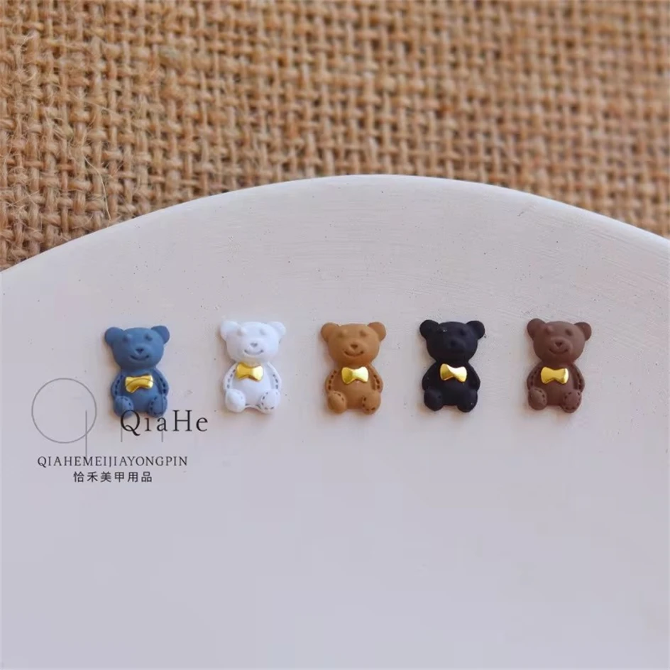 5pcs Bow tie Teddy Bear Nail Charms Accessories Kawaii 3D Matte Metal Alloy Coffee Color Bow Ribbon Jewelry Nail Art Decoration