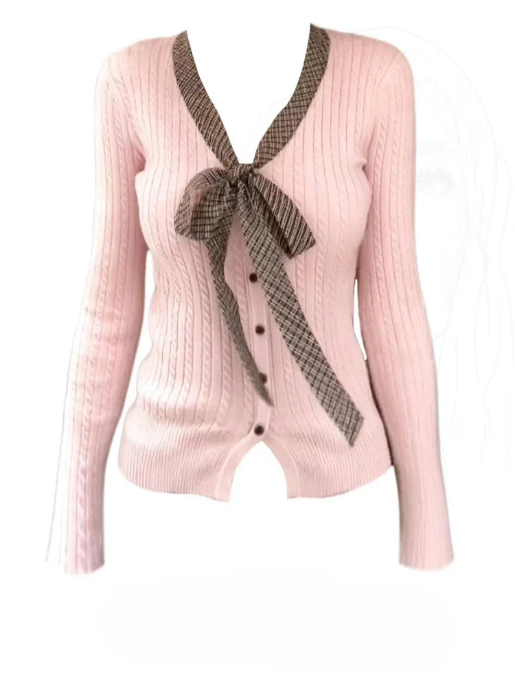 Women Sweet V Neck Knit Cardigan Long Sleeve Soft Knitted Open Sweater Gentle Aesthetic Autumn Slim Casual Outerwear Top