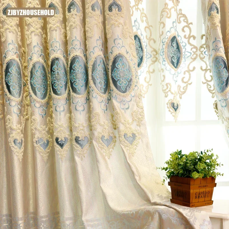 European-style Luxury Finished Curtain High Shading Drapes Window Embroidered Curtains for Living Dining Room Bedroom High-class