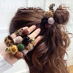 Vintage Leopard Print Knotted Hair Ties Colorful Beaded Pompom Charms Hair Ropes Women Girls Elastic Ponytail Hold Headdress