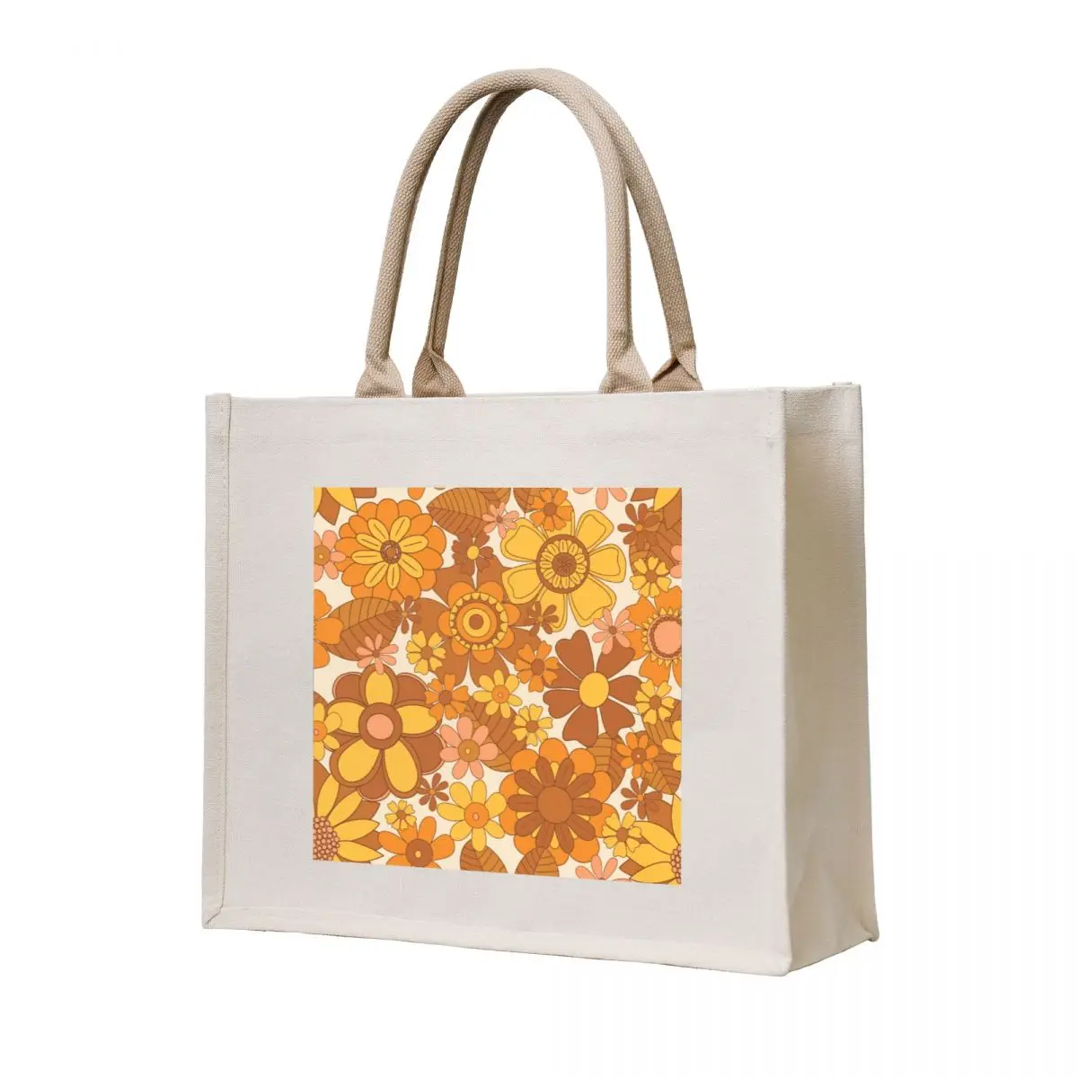 

70s Retro Wallpaper Anna- Cream Orange Yellow Brown Tote Bag cute tote bag Women's shopper Canvas stote bag Big women