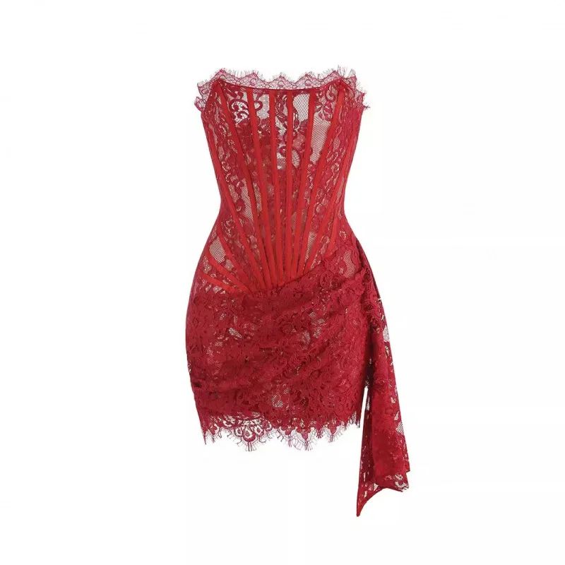 

High-Quality Fashion Off-Shoulder Slim Strapless Fishbone Tight Lace Mini Bodycon Dress