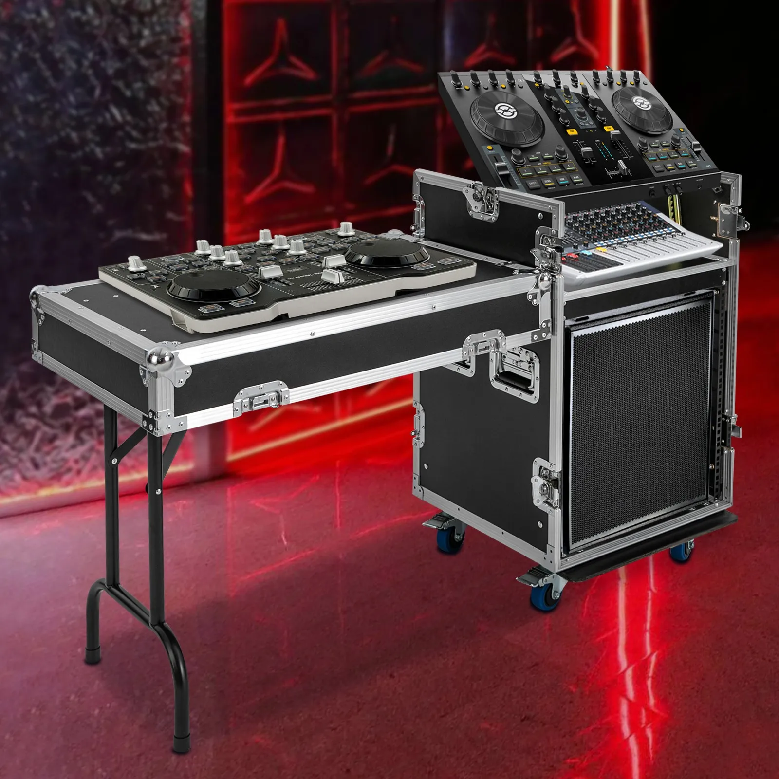 

12U PA DJ-стойка-кейс для транспортировки, наклонная, с верхней полкой для микшера и столешницей для DJ-оборудования, нагрузка до 300 кг, для студийного и стерео DJ-оборудования, с колесами