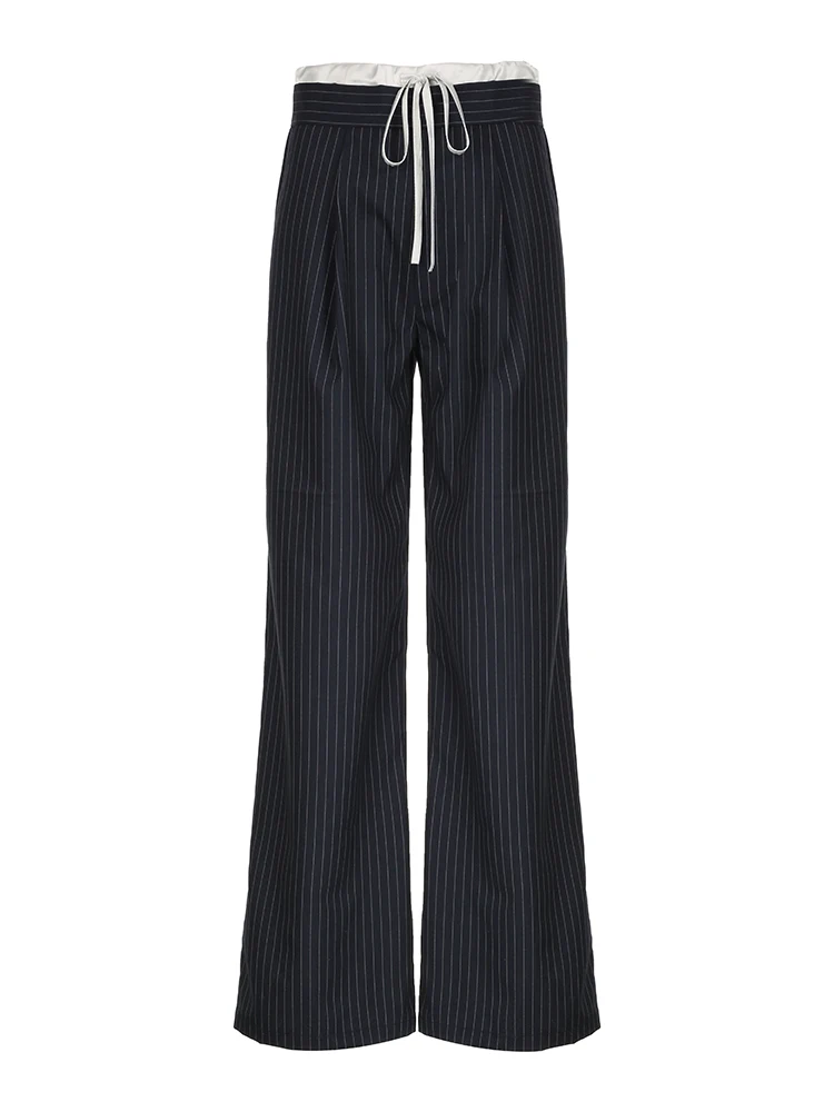 Weekeep Black Striped Print Suit Pants y2k Cute Ruched Patchwork Loose Straight Pants for Women Casual Streetwear Basic Trousers