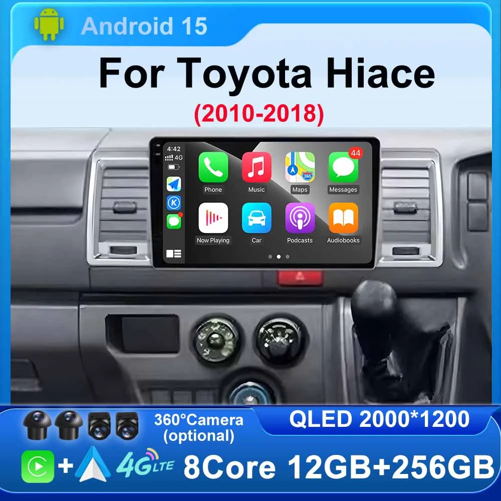 Android 15 Carplay Auto for Toyota Hiace 2010-2018 Car Radio GPS Navigation Multimedia Video Player Head Unit Stereo 2din 2 DIN