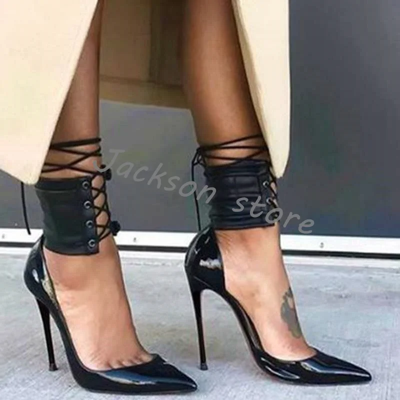 

Roman Modern Sandals Sexy Pointed Toe Ankle Straps Stiletto High Heels Catwalk Women Shoes Large Size Female Shoes Summer