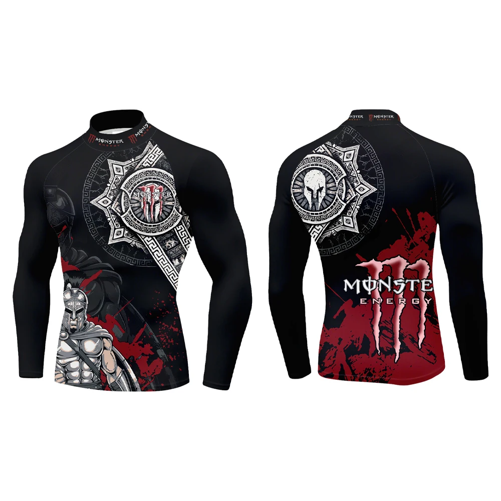 تي شيرت Monster Energy Dark Style بحبر سبلاش أحمر وزخرفة فضية من الدرع الروماني القديم المحارب الرياضي واللياقة البدنية بنصف رقبة عالية #1