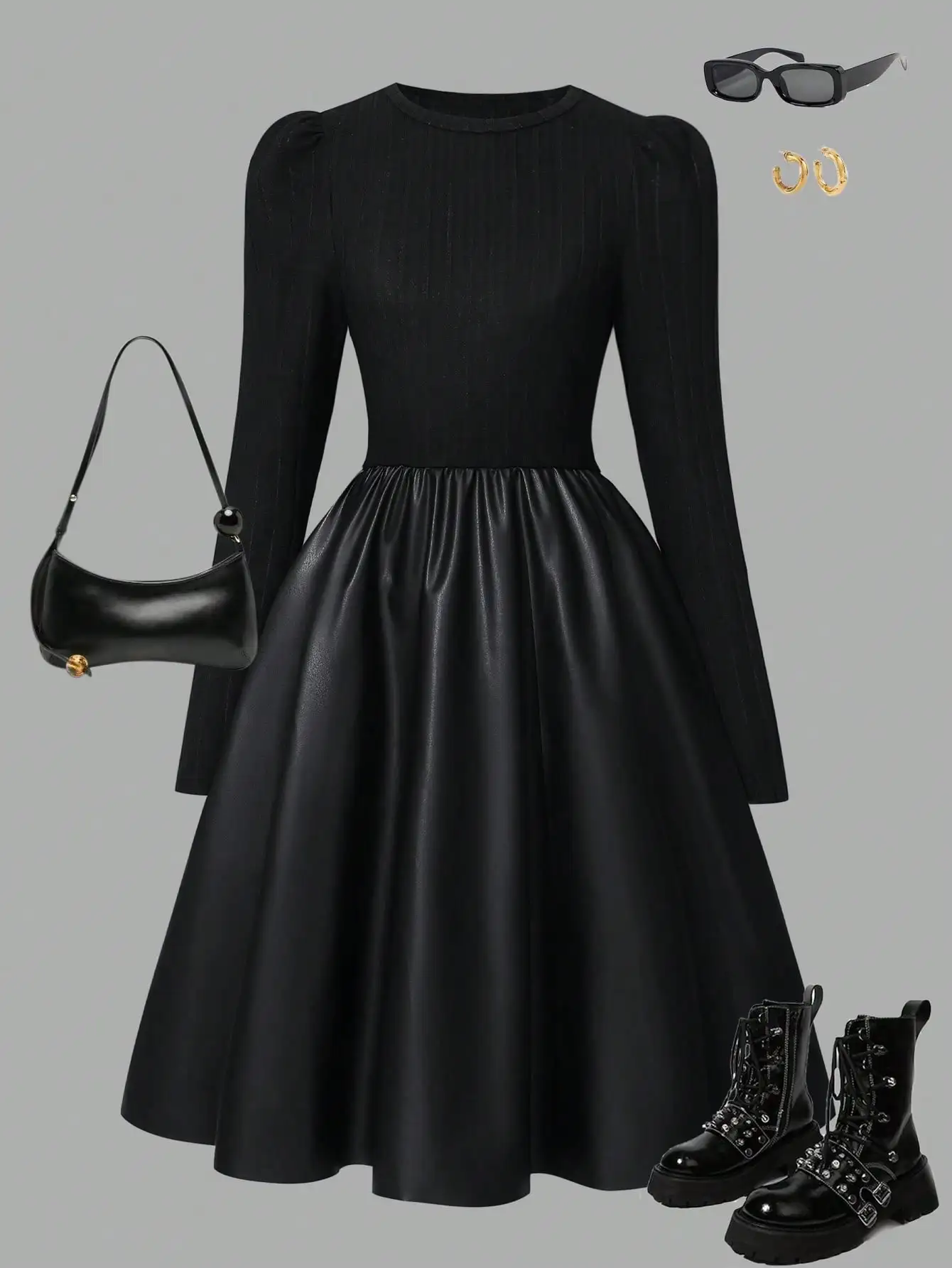 

Black Long Sleeve Knit Top with PU Leather Skirt A-Line Midi Dress