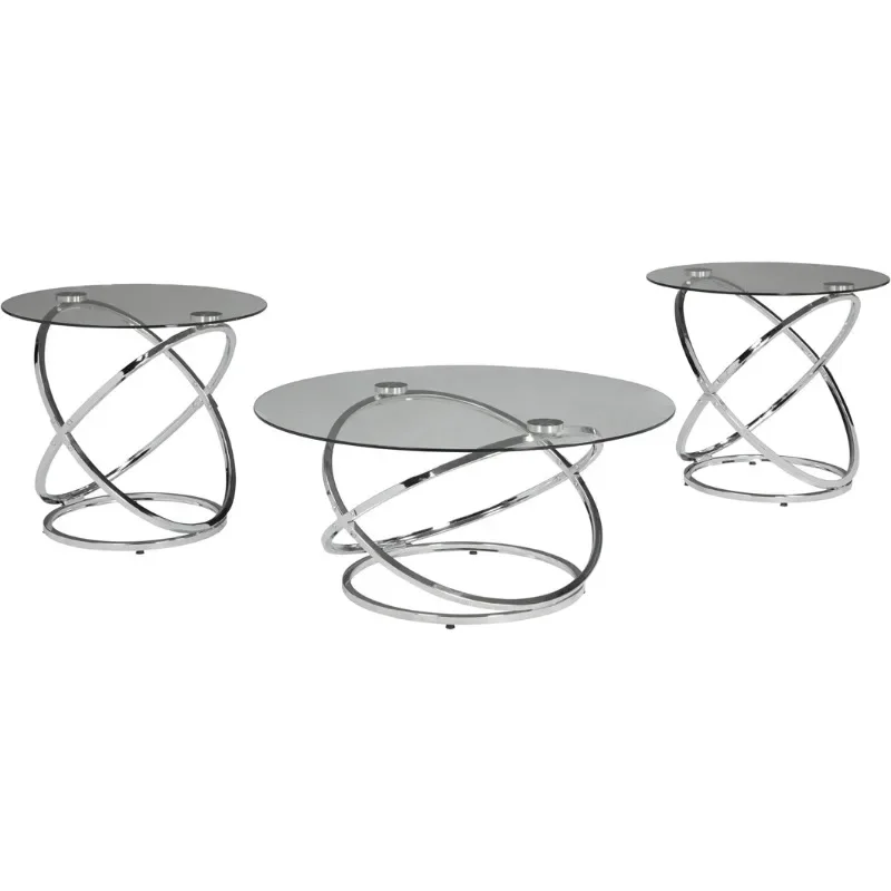 

Design by Ashley Hollynyx Contemporary Round 3-Piece Occasional Table Set, Includes Coffee Table and 2 End Tables, Chrome