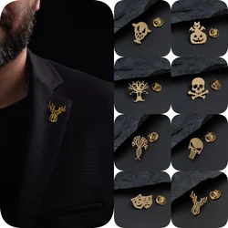 Skull men's brooch, pumpkin bat stainless steel badge, tree of life yoga lapel pin, gold-plated hollow suit accessories