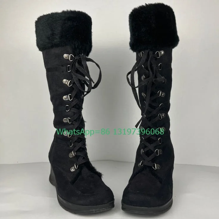 Damen-Kniestiefel im Vintage-Stil, schwarzes Fell, Keilabsatz, Schnürstiefel, Plattform, Retro-Rosa, Schuhe, Größe 3446, warme Winterstiefel aus schwarzem Wildleder