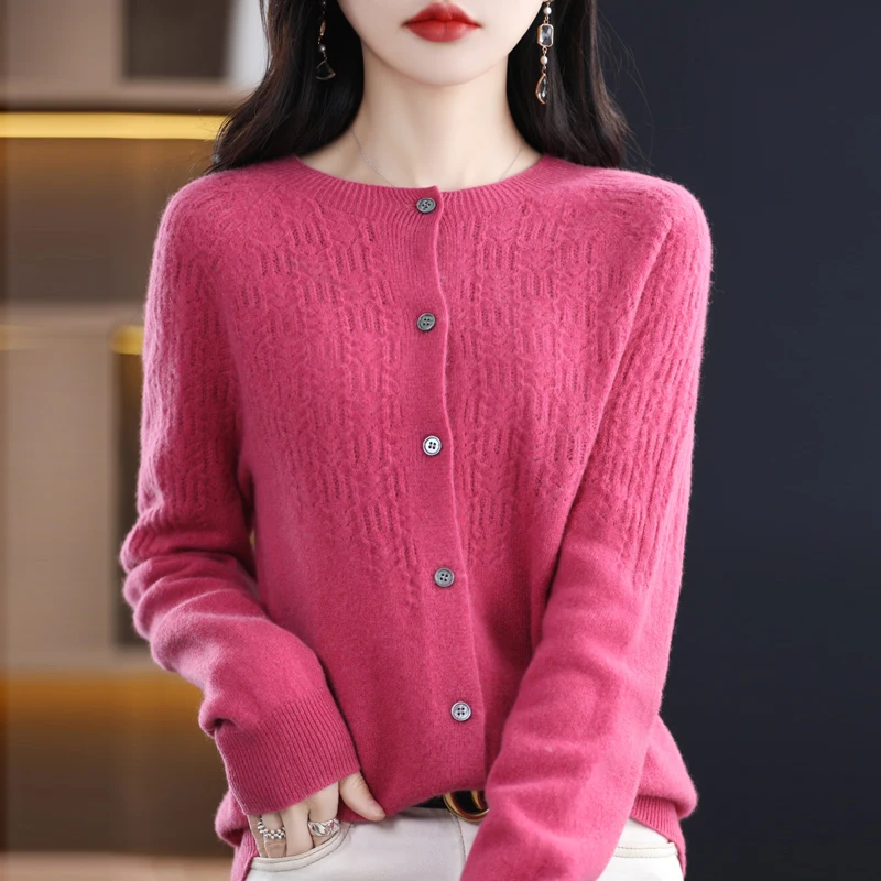 New High Quality 100% Pure Merino Wool Women’s Cardigan Hollow Cashmere Sweater Female Clothing Grace Top Bottoming Shirt