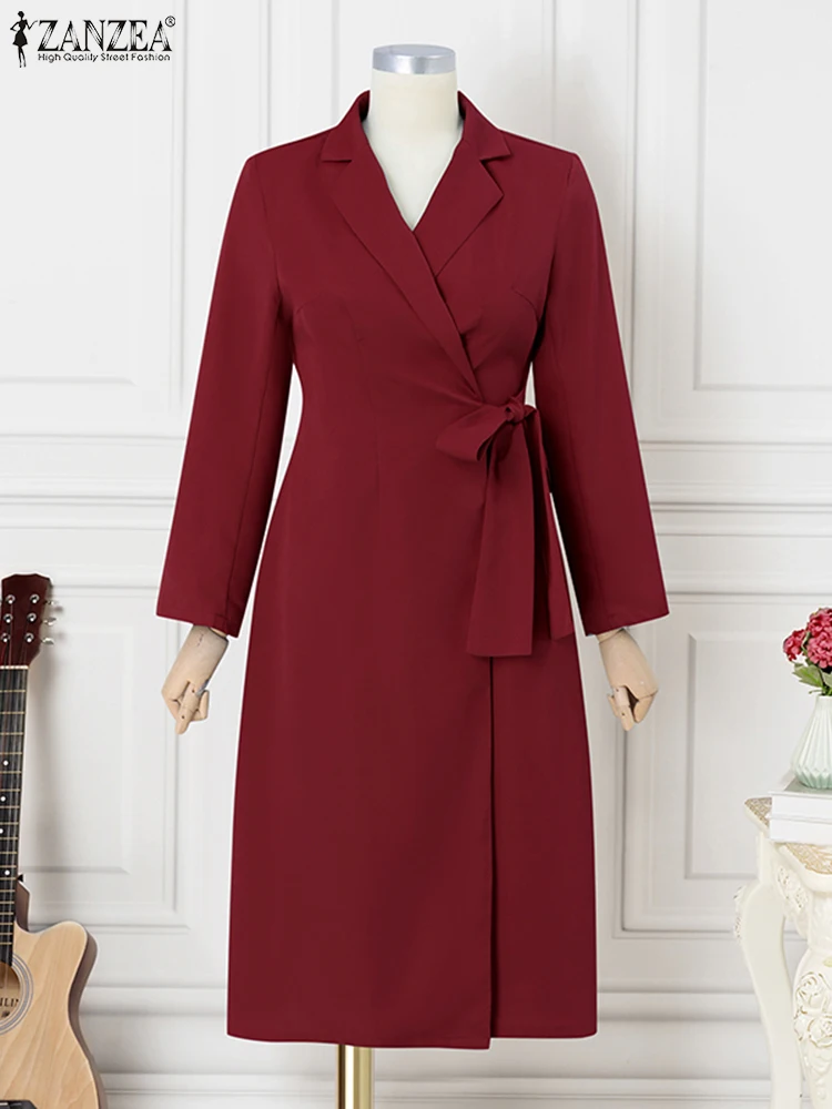 ZANZEA Jesienna Sukienka Garniturowa 2025 Elegancka Damska Biurowa Sukienka Vestidos Świąteczna Z Paskiem W Talii Jednolita Modna Długa Sukienka Midi