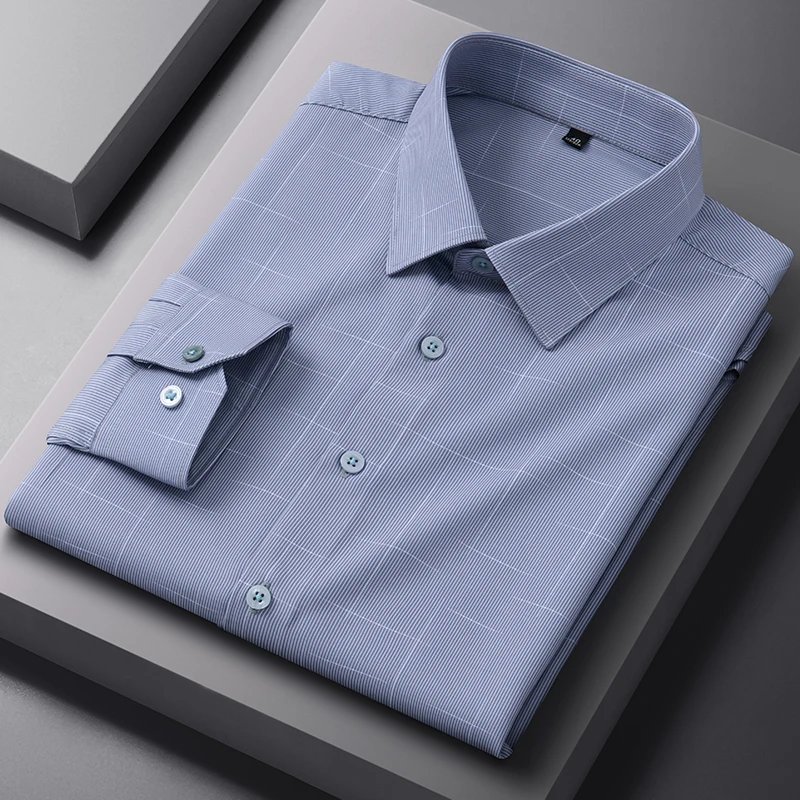 4XL Easy Care Solid Color Classic Plaid Striped Shirts Man Long Sleeve Casual Man Shirt Long sleeve Slim Fit