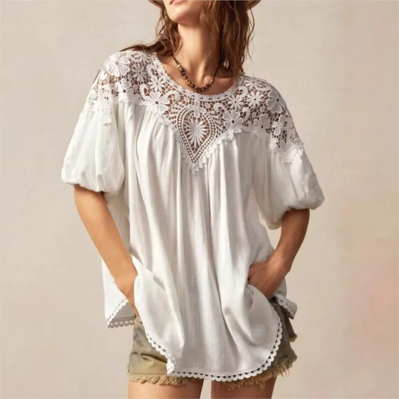 

Y2k Fashion Solid Lace Splicing Design Top Summer Casual Simple Round Neck Loose Shirt Versatile Short Sleeve Blouses For Ladies
