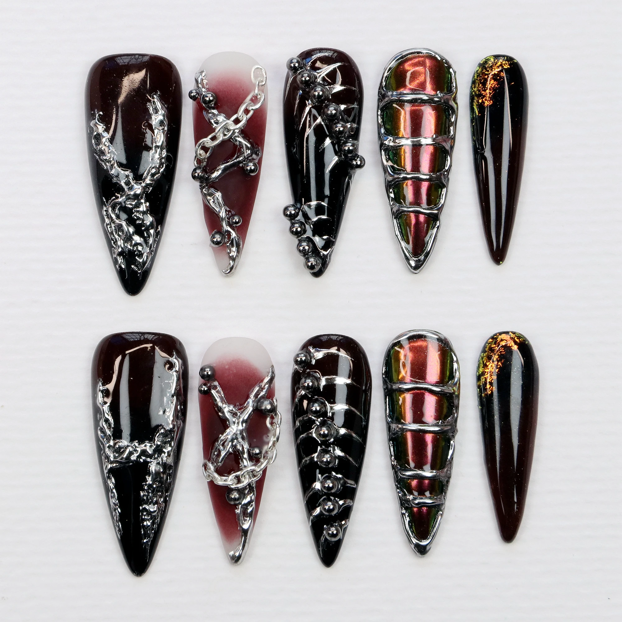 10Pcs Hand-Painted Free-Style Press On Nails,Y2K 3D Acrylic Metallic Crystal Custom Chrome FreeStyle  Long Stilett Holiday Nails