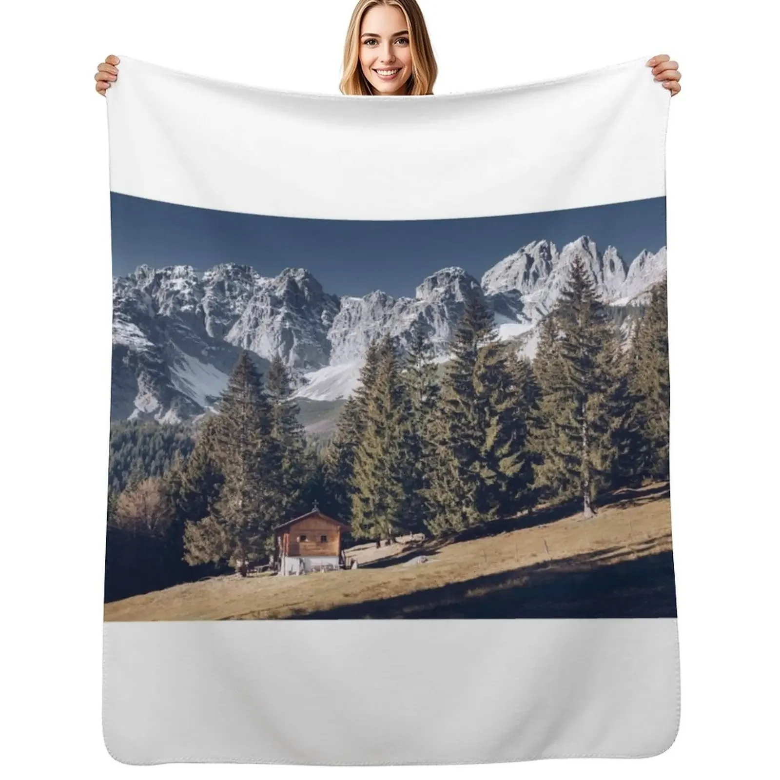 

Kaiser - idyllic mountain landscape with mountain hut on the Wilder Kaiser Throw Blanket Beach manga Sofas Blanket