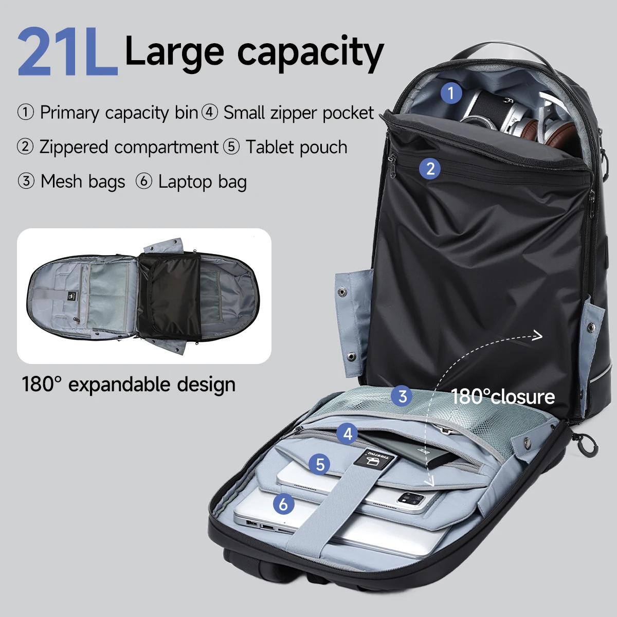 حقيبة ظهر عصرية للرجال من Tigernu مع جيب للأحذية 180 ° فتح الحقائب الذكور حقيبة المدرسة كمبيوتر محمول حقائب الظهر المدرسية #3